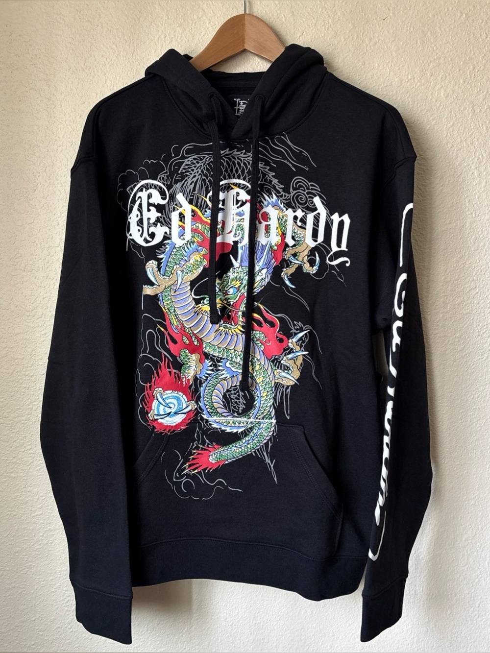 ED HARDY Mens Dragon Hoodie, Black Pullover, Large, NWT